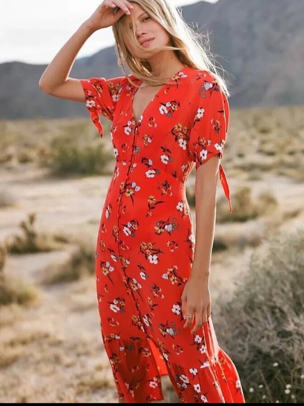 Anthropologie Maeve Red/Orange Eudora Floral Button Front Prairie Midi Dress 6
